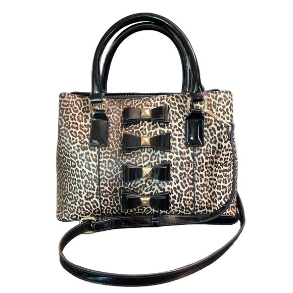 Betsy Johnson Handbags - Betsy Johnson Leopard Bow Satchel Black Patent Leather Hot Pink Interior